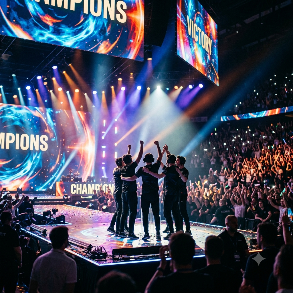 Poster Esports World Cup 2026 dengan panggung turnamen esports megah