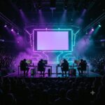 Panggung arena Esports World Cup 2026 dengan siluet pemain dan lampu neon