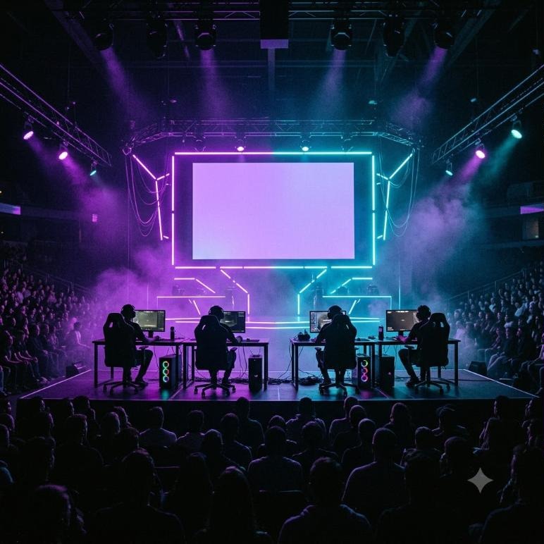 Panggung arena Esports World Cup 2026 dengan siluet pemain dan lampu neon