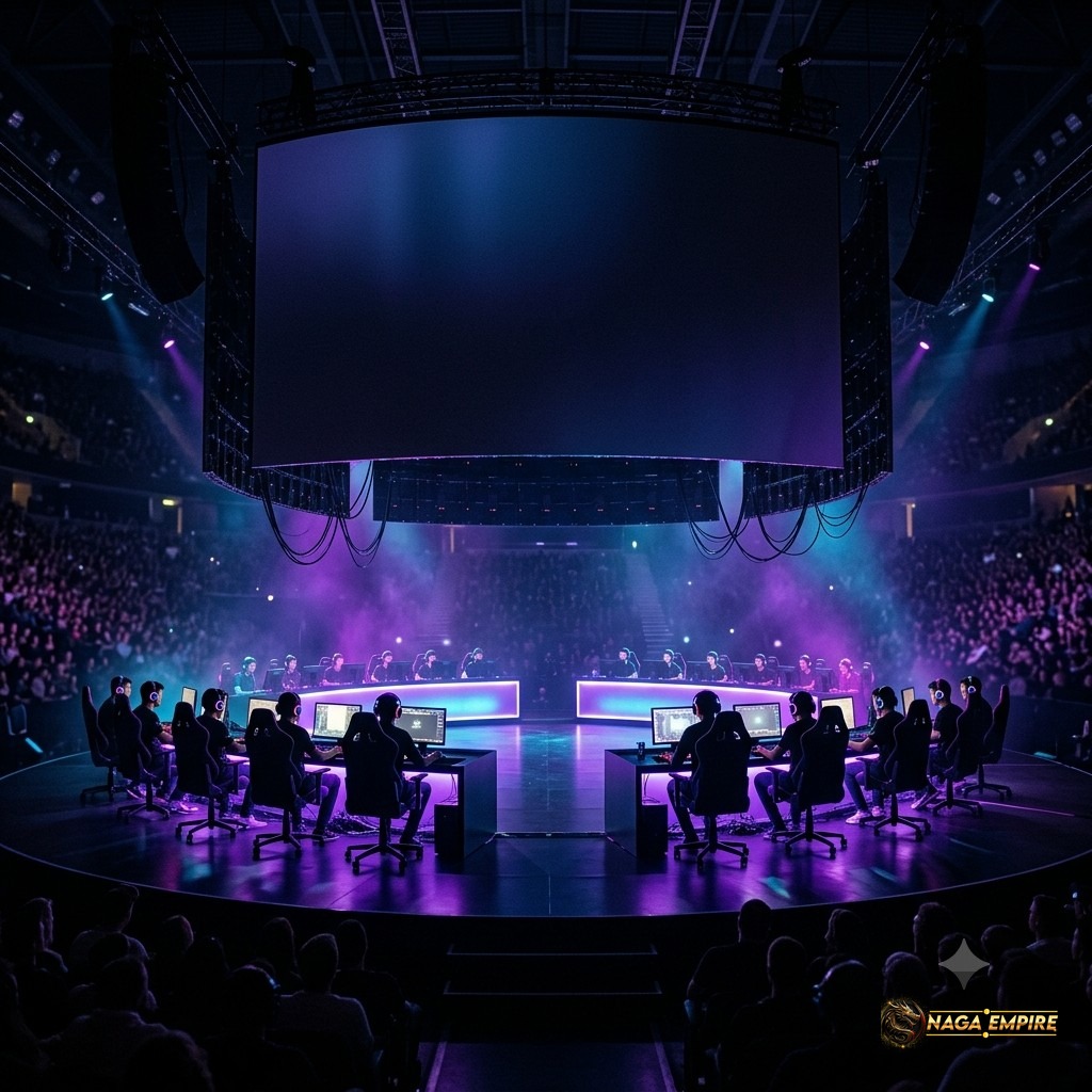 Panggung turnamen Esports World Cup 2026 dengan sorot lampu arena