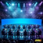 Poster arena Esports World Cup 2026 dengan panggung turnamen dan penonton