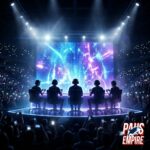 Poster arena esports bertema Mobile Legends EWC 2026 dengan penonton ramai