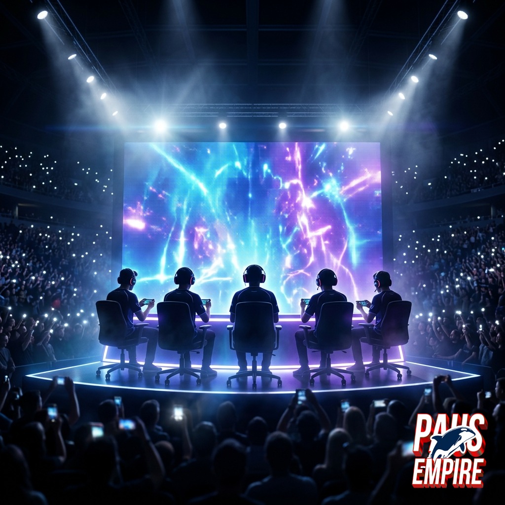 Poster arena esports bertema Mobile Legends EWC 2026 dengan penonton ramai